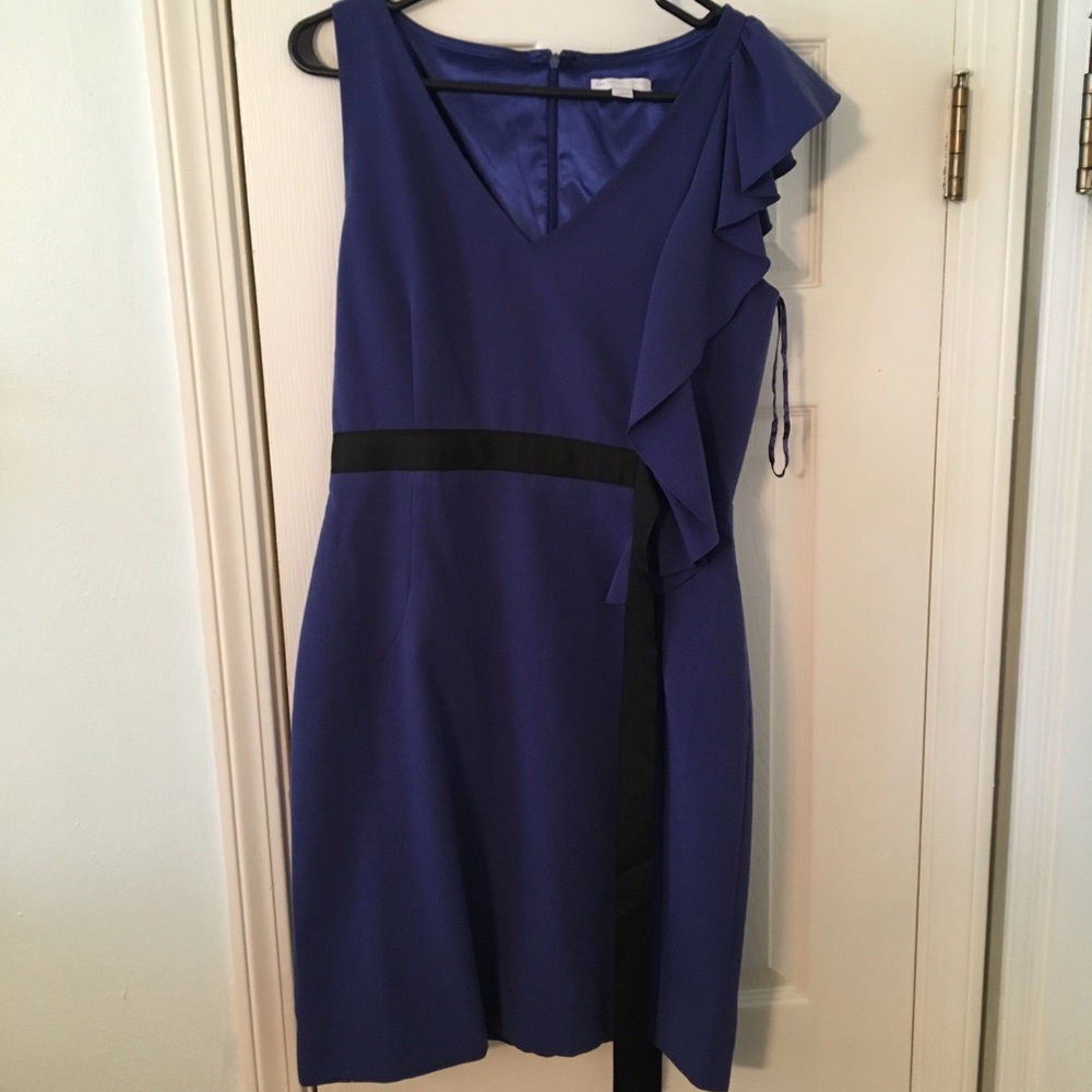 New York & Company Royal Blue Ruffle One-Shoulder Dress with Black Trim